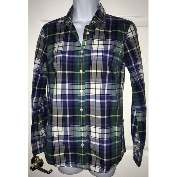 J crew Boy Fit Sz 00 L/S Button Down shirt Plaid Navy Blue Green White Cotton - Picture 1 of 9